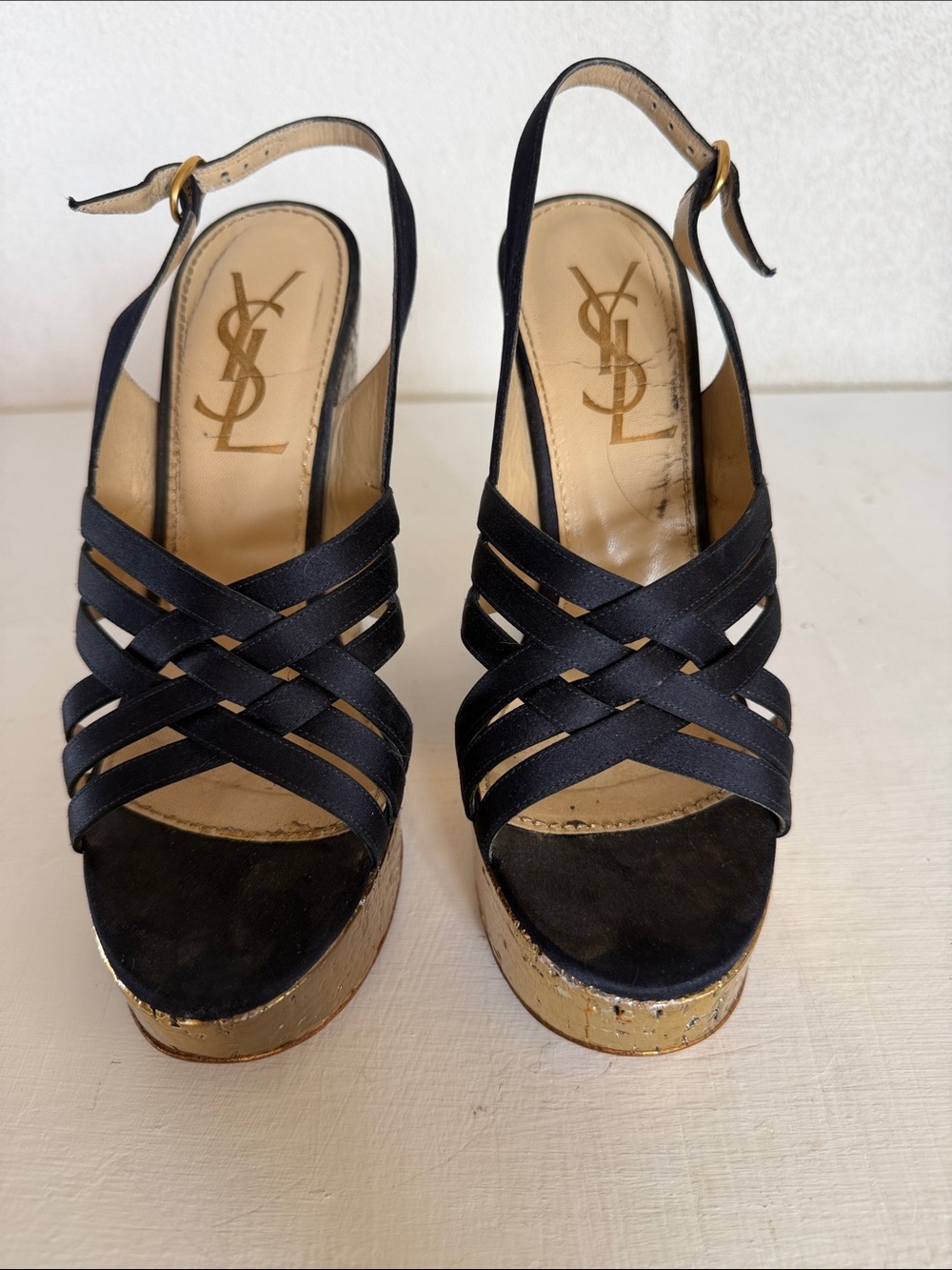 Yves Saint Laurent Black & Gold Textured Wedge Slingbacks - Picture 2 of 5